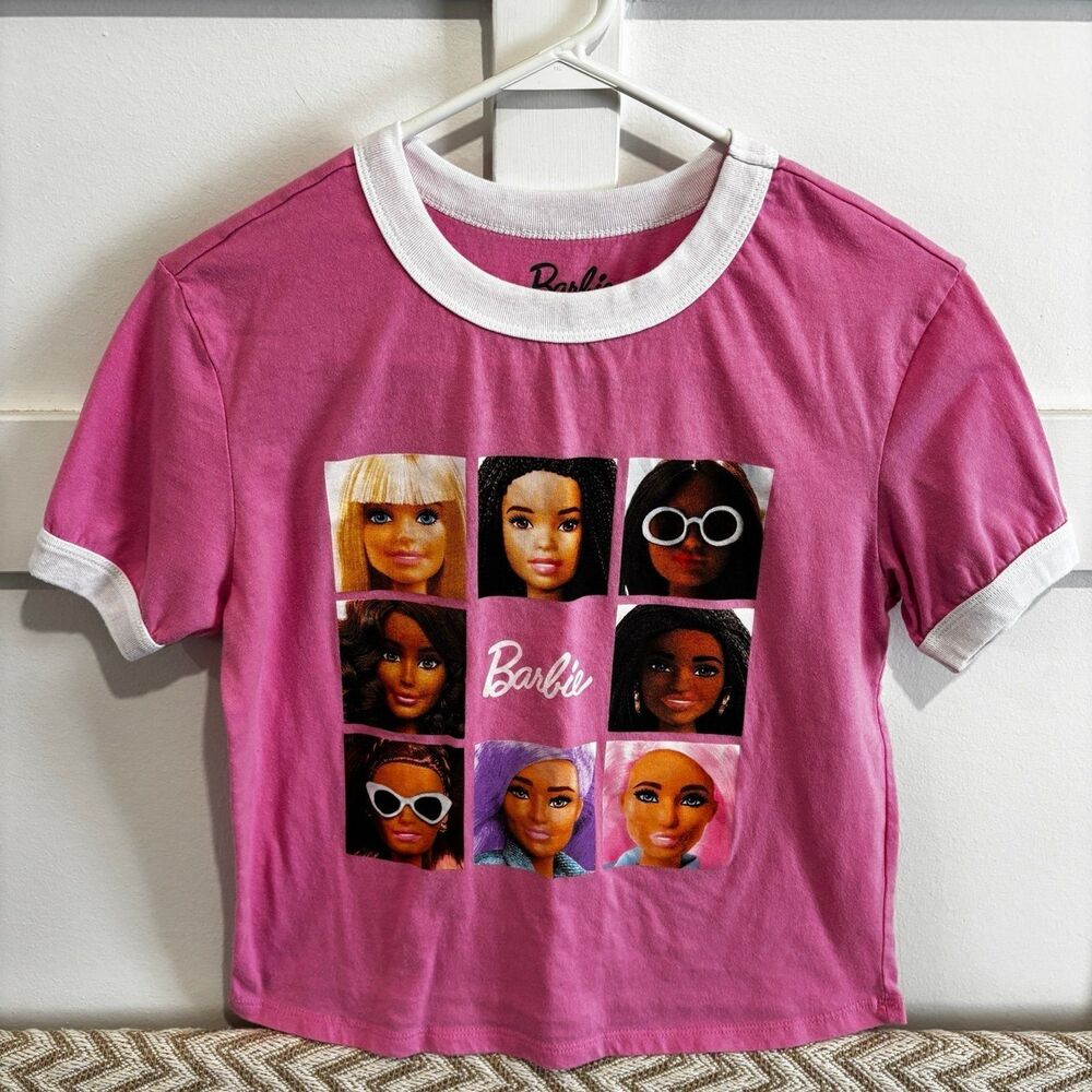 Barbie Women's Short Sleeve Ringer Tee Shirt Pink Size Small - Picture 2 of 5